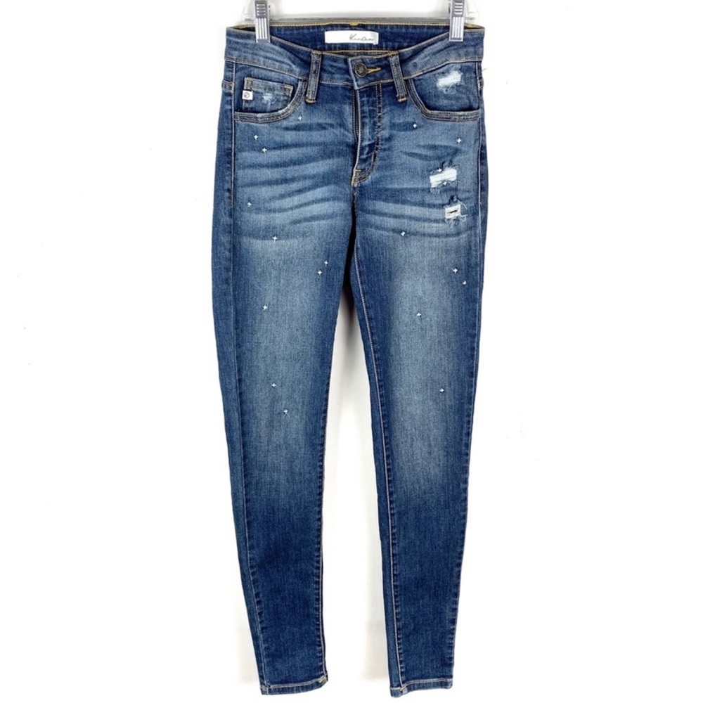 Kancan Medium Wash Distressed High Waisted Star Print Embroidered Skinny Jeans 0